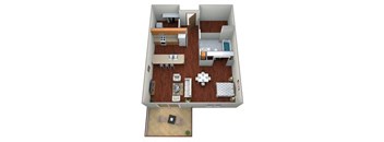 A 3D floor plan of a small apartment with a kitchen, living room, and bathroom.