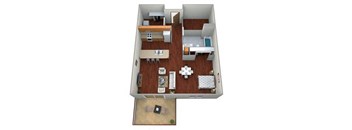 A 3D floor plan of a small apartment with a kitchen, living room, and bathroom.