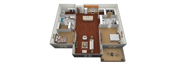 A 3D floor plan of a house with a kitchen, living room, and bedrooms.