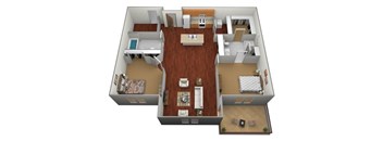 A 3D floor plan of a small apartment with a kitchen, living room, and two bedrooms.