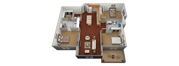 A 3D rendered image of a house layout.