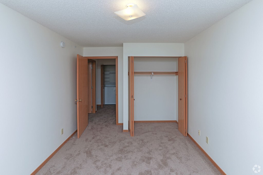 a bedroom with a carpeted floor and a walk in closet