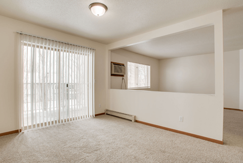 A room with a window covered by white blinds and a carpet on the floor.