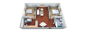 A 3D floor plan of a house with two bedrooms, a living room, a kitchen, and a bathroom.