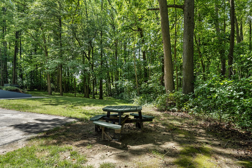 a picnic table in a park next to a road
