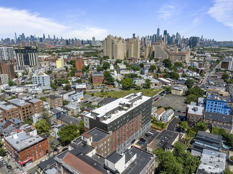 an aerial view of the city and
