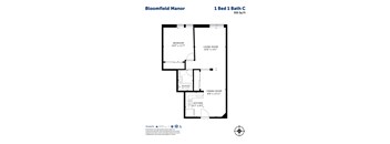 A floor plan for a 1 Bed 1 Bath apartment at Bloomfield Manor.