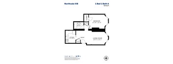 A black and white image of a floor plan for a 1 Bed 1 Bath apartment.