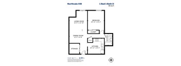 A floor plan for the Northvale IIIB apartment, which is a 1 Bed 1 Bath apartment with a total area of 691 square feet.