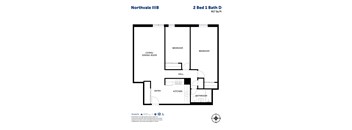 A black and white image of a floor plan for a 2 Bed 1 Bath apartment at Northvale IIIB.