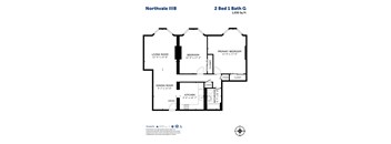 A black and white image of a floor plan for a 2 Bed 1 Bath G apartment.