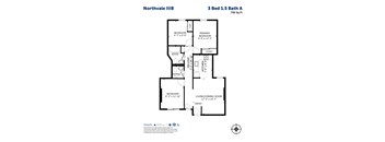 Floor plan for Northvale 111B, a 3 bedroom, 1.5 bath apartment.