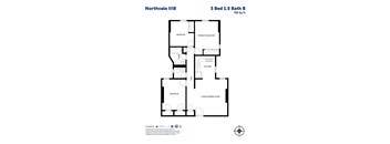 A black and white image of a floor plan for a 3 bedroom, 1.5 bathroom apartment.