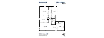 A floor plan for a 3 Bed 1.5 Bath apartment at Northvale IIIB.