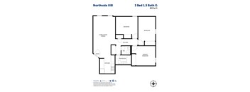 A floor plan for a 3 Bed 1.5 Bath apartment at Northvale IIIB.