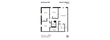 A floor plan for the Northvale IIIB apartment, which is 3 Bed 1.5 Bath H and 970 Sq Ft.