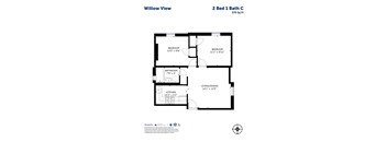 A floor plan for a 2 Bed 1 Bath condo.