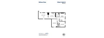 A floor plan for a 3 Bed 1 Bath apartment.