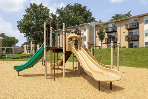 A playground with a green and tan slide.
