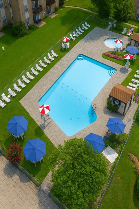 A pool surrounded by blue umbrellas and red and white striped umbrellas.