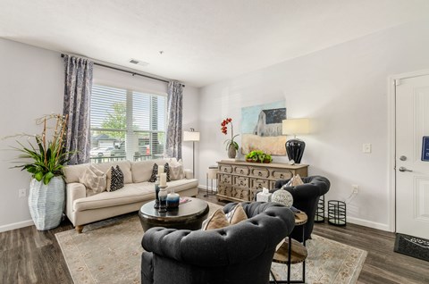 A living room with a grey armchair, a white sofa, a wooden coffee table, and a white vase with a green plant.
