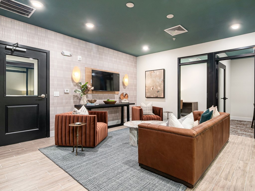 A modern living room with a brown sofa and a grey rug.