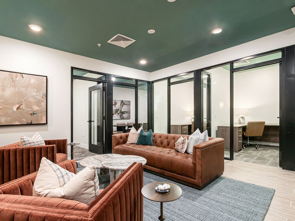 A living room with a brown couch and a blue rug.