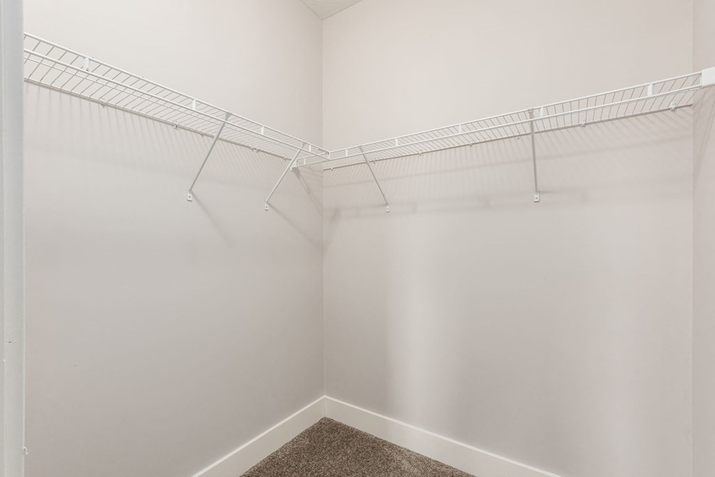 A white closet with a carpeted floor and a white wall.