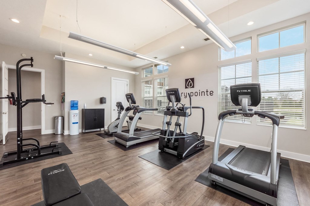 A gym with treadmills, elliptical machines, and a weight machine.