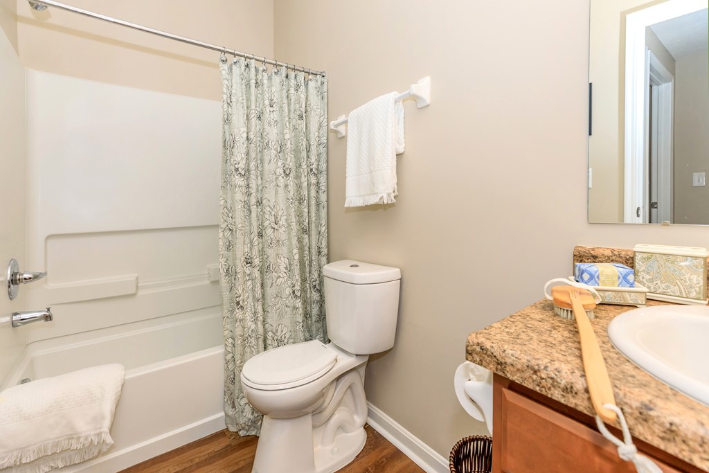 A white toilet sits next to a bathtub in a bathroom.