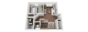 A top-down view of a small apartment with a living room, kitchen, and bedroom.