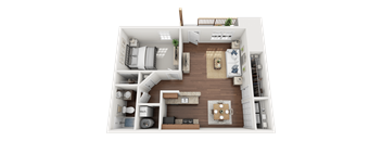 A top-down view of a small apartment with a kitchen, living room, and bedroom.