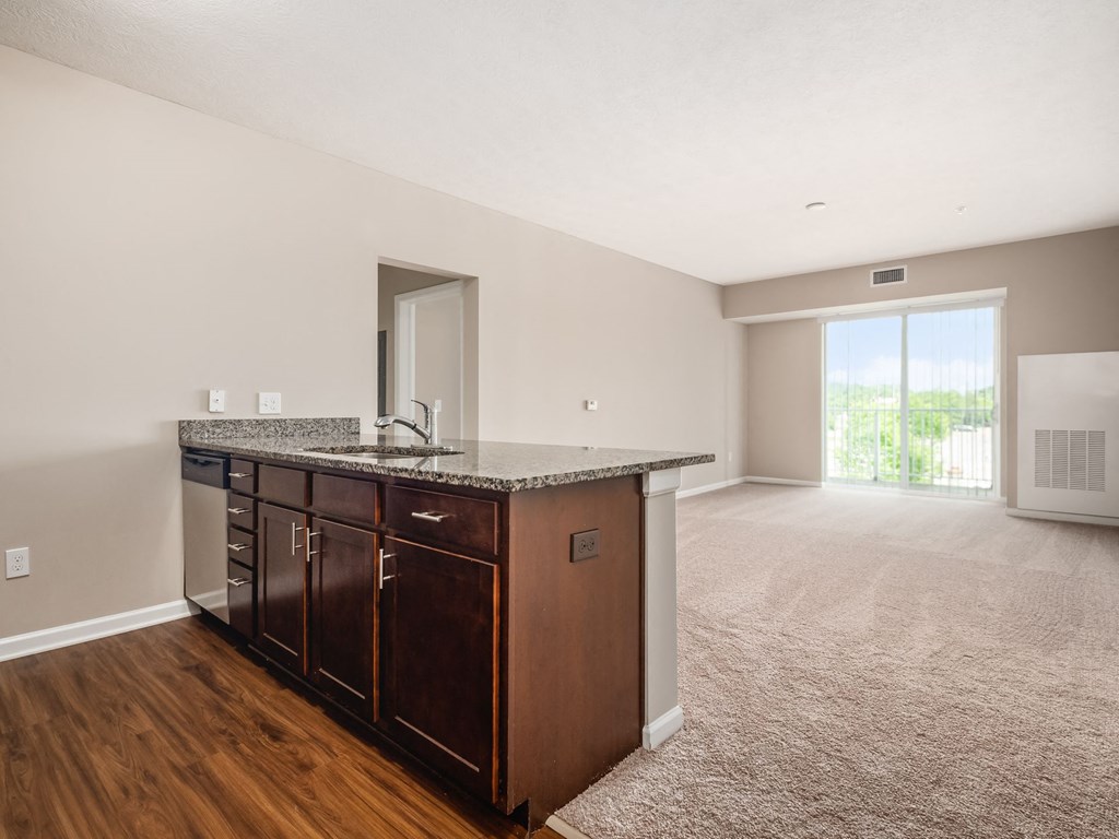 an empty living room with a kitchen with a sink and a counter top