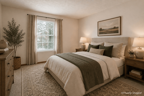 A bedroom with a large bed and a painting on the wall.