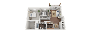 A 3D floor plan of a small apartment with a kitchen, living room, and bedroom.