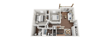 A 3D floor plan of a house showing a living room, two bedrooms, a kitchen, and a bathroom.