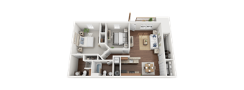 A 3D floor plan of a small apartment with a kitchen, living room, and bathroom.