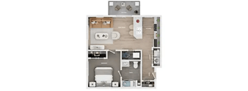 A floor plan of a small apartment with a kitchen, living room, and bathroom.