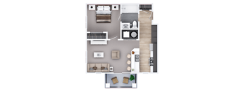 A top-down view of a modern apartment layout with a kitchen, living room, and bedrooms.