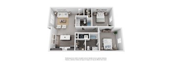 A 3D floor plan of an apartment with two bedrooms and a living area.