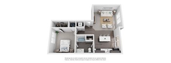 A top-down view of a modern apartment layout with a kitchen, living room, and bedroom.