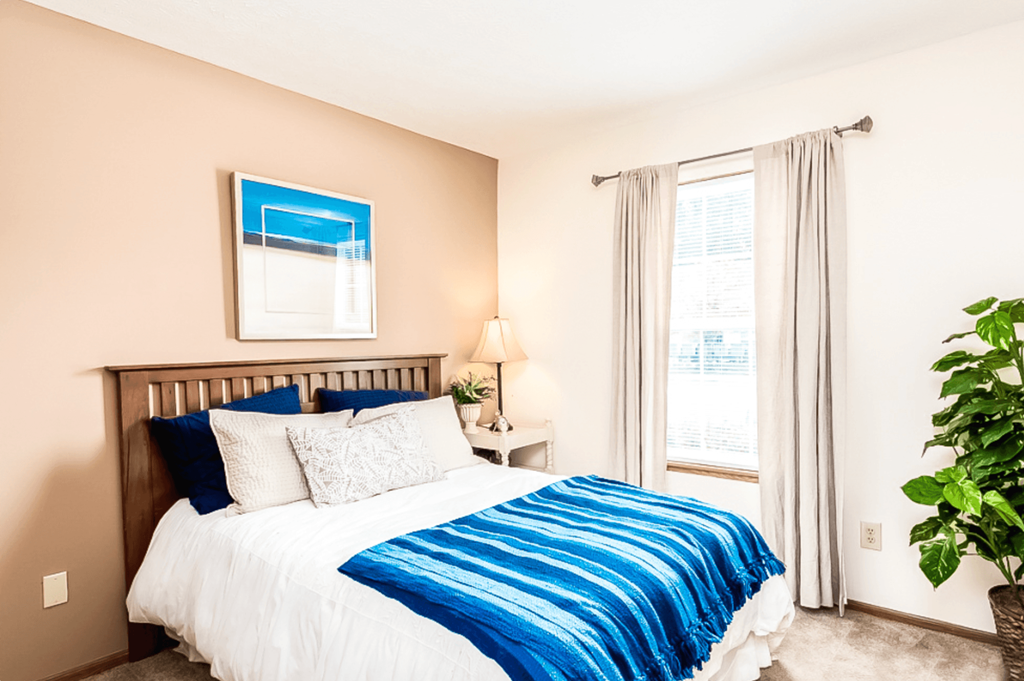 a bedroom with a bed and a window and a plant