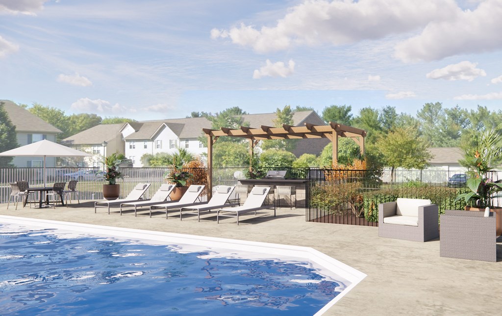 a rendering of a pool area with lounge chairs and a pergola next to