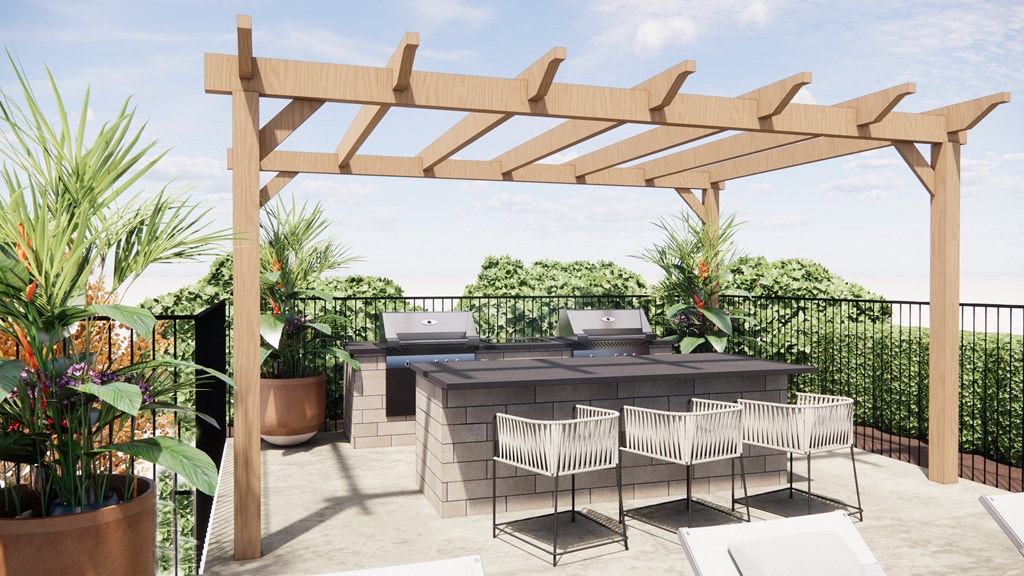 a rendering of a patio with a bar and a pergola