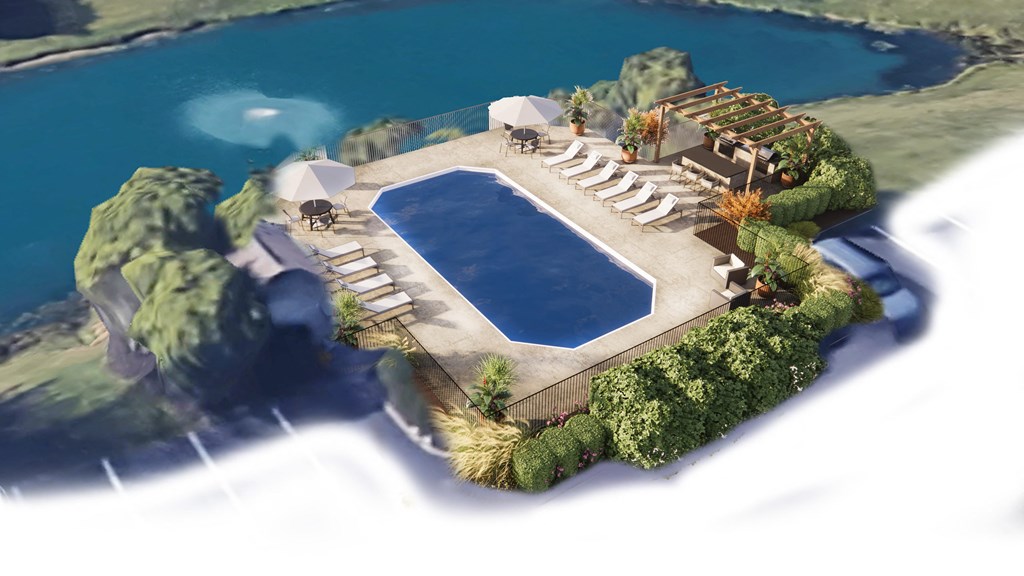 a render of a swimming pool at a resort with tables and chairs