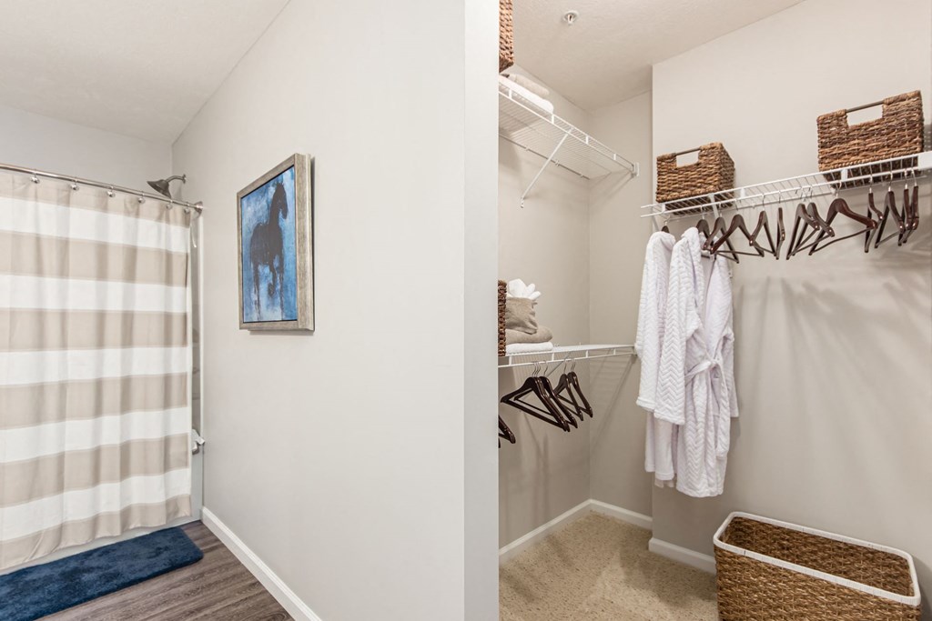 a bathroom with a shower and a closet with a striped shower curtain