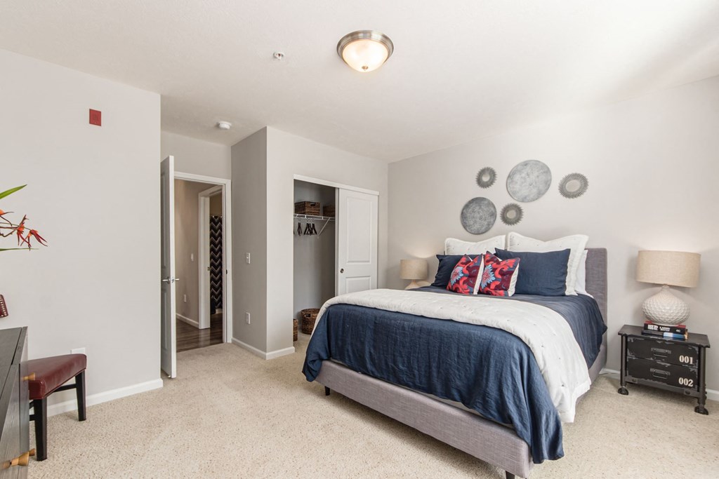 a bedroom with a bed and a closet