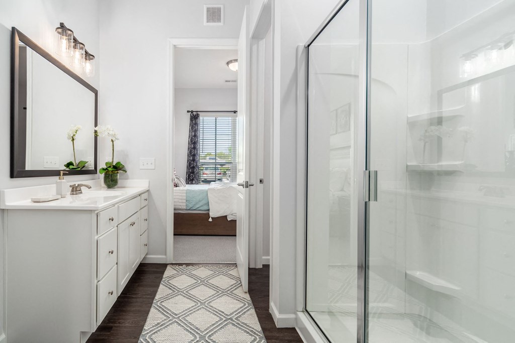 a bathroom with a shower and a sink and a mirror
