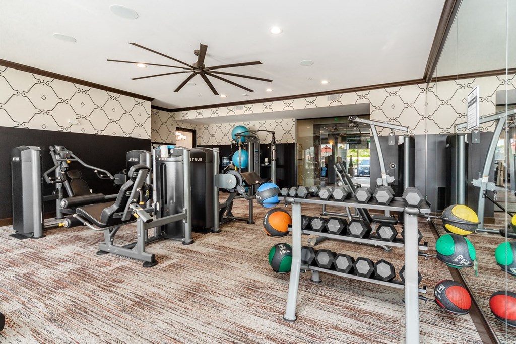a gym with weights and cardio equipment at the estates at johnston crossing apartments