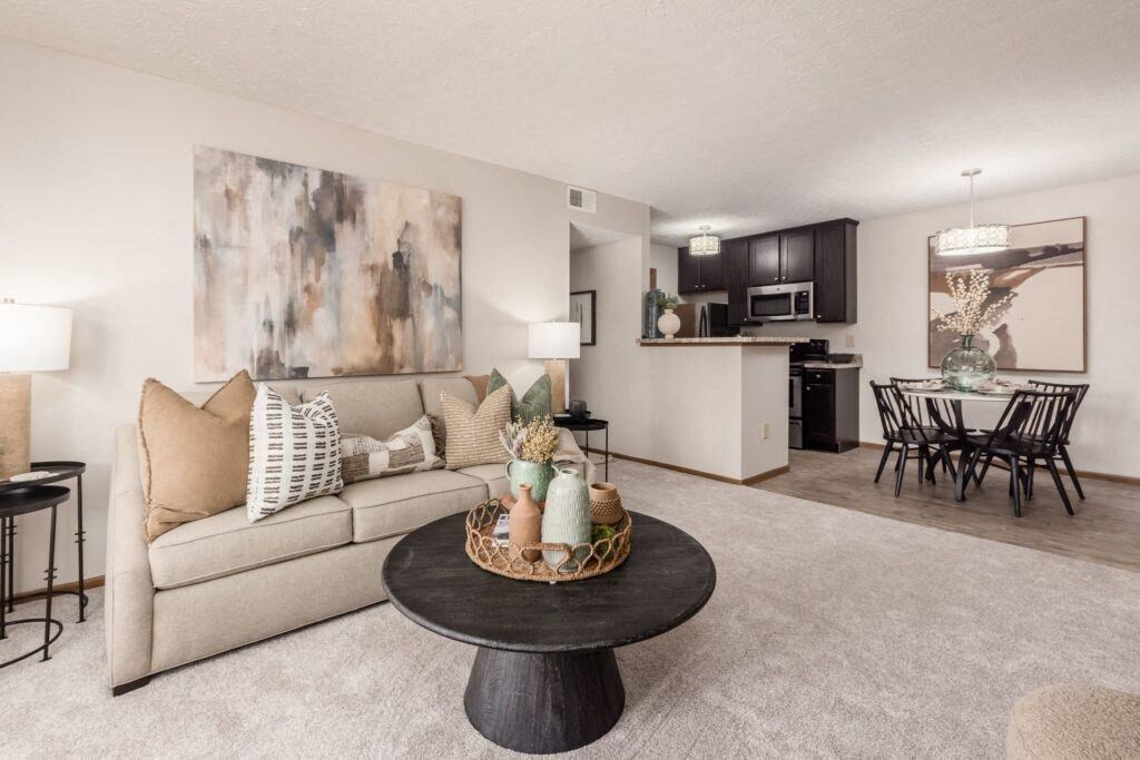 a living room with a couch and a table